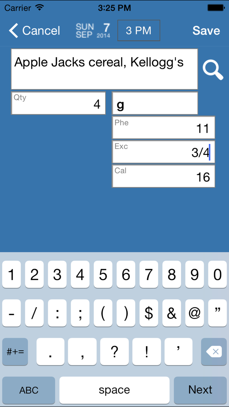 AccuGo food entry screen showing weight, phenylalanine, exchanges, and calories